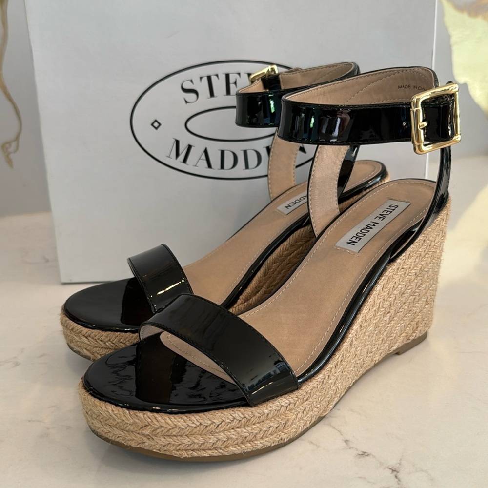Steve Madden patent black wedge sandal